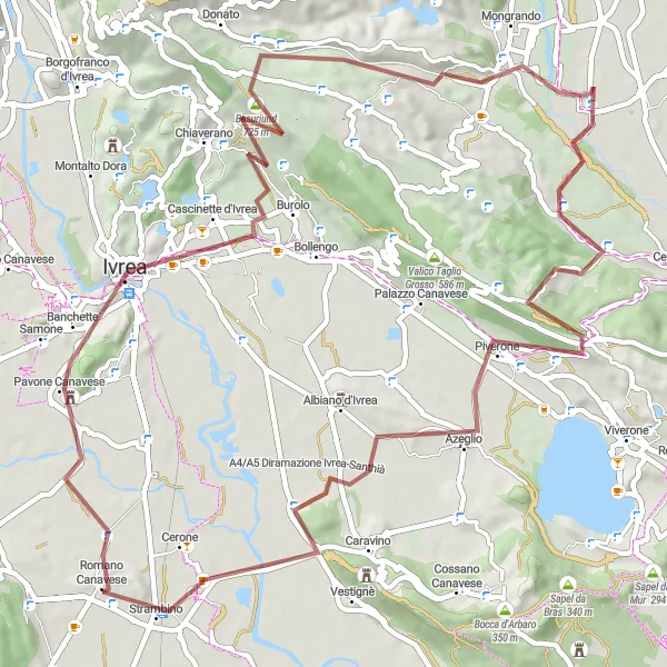 Miniaturní mapa "Gravelový okruh kolem Romana Canavese" inspirace pro cyklisty v oblasti Piemonte, Italy. Vytvořeno pomocí plánovače tras Tarmacs.app