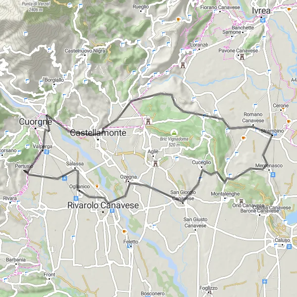 Miniaturní mapa "Okruh kolem Romano Canavese" inspirace pro cyklisty v oblasti Piemonte, Italy. Vytvořeno pomocí plánovače tras Tarmacs.app