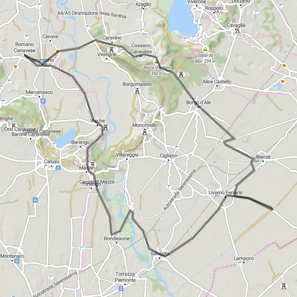 Zemljevid v pomanjšavi "Cossano Canavese - Livorno Ferraris Loop" kolesarske inspiracije v Piemonte, Italy. Generirano z načrtovalcem kolesarskih poti Tarmacs.app