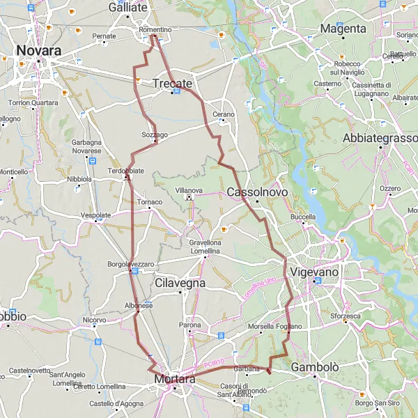 Miniaturní mapa "Gravelová cesta přes Trecate a Garbanu" inspirace pro cyklisty v oblasti Piemonte, Italy. Vytvořeno pomocí plánovače tras Tarmacs.app