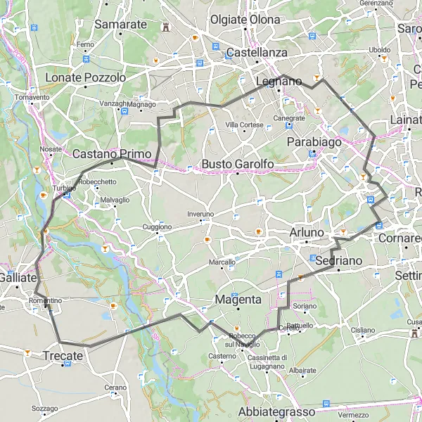 Zemljevid v pomanjšavi "Kolesarska pot preko Turbigo" kolesarske inspiracije v Piemonte, Italy. Generirano z načrtovalcem kolesarskih poti Tarmacs.app