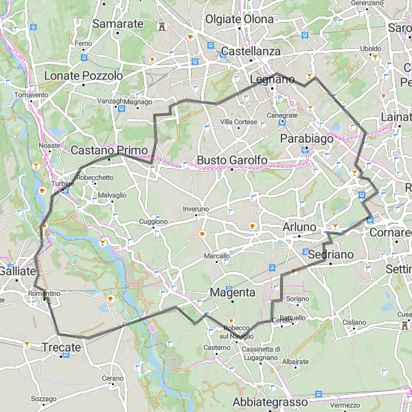 Miniatuurkaart van de fietsinspiratie "Romentino naar Corbetta" in Piemonte, Italy. Gemaakt door de Tarmacs.app fietsrouteplanner