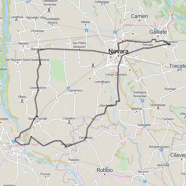 Miniatura della mappa di ispirazione al ciclismo "Road da Novara a Romentino" nella regione di Piemonte, Italy. Generata da Tarmacs.app, pianificatore di rotte ciclistiche