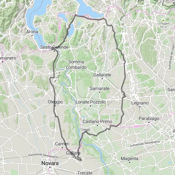 Map miniature of "Climbing Challenge: Romentino to Belvedere di Azzate" cycling inspiration in Piemonte, Italy. Generated by Tarmacs.app cycling route planner