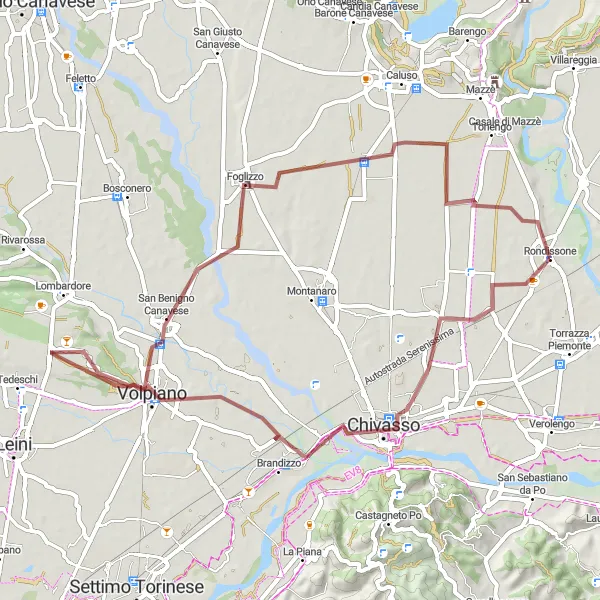 Kartminiatyr av "Chivasso - Foglizzo Loop" cykelinspiration i Piemonte, Italy. Genererad av Tarmacs.app cykelruttplanerare