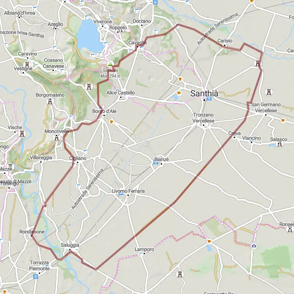 Miniatua del mapa de inspiración ciclista "Ruta de grava desde Rondissone a Saluggia y más allá" en Piemonte, Italy. Generado por Tarmacs.app planificador de rutas ciclistas