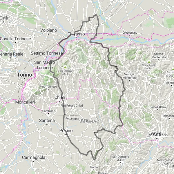 Miniatuurkaart van de fietsinspiratie "Pittoresk pad naar Gassino Torinese" in Piemonte, Italy. Gemaakt door de Tarmacs.app fietsrouteplanner