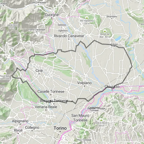 Miniaturní mapa "Kolo kolem Borgaro Torinese" inspirace pro cyklisty v oblasti Piemonte, Italy. Vytvořeno pomocí plánovače tras Tarmacs.app