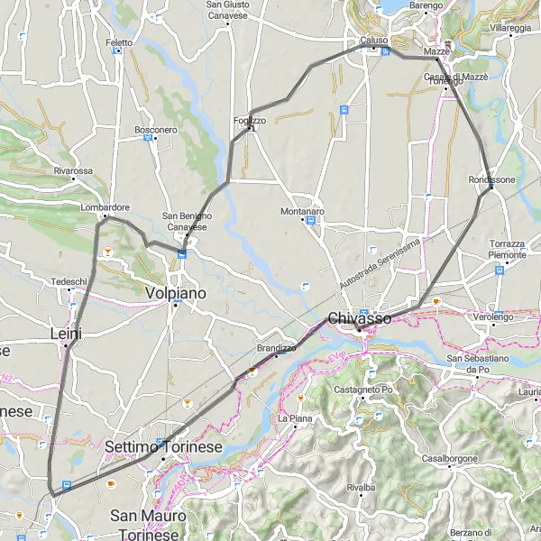 Miniatua del mapa de inspiración ciclista "Ruta corta en carretera desde Rondissone a Casale di Mazzè" en Piemonte, Italy. Generado por Tarmacs.app planificador de rutas ciclistas