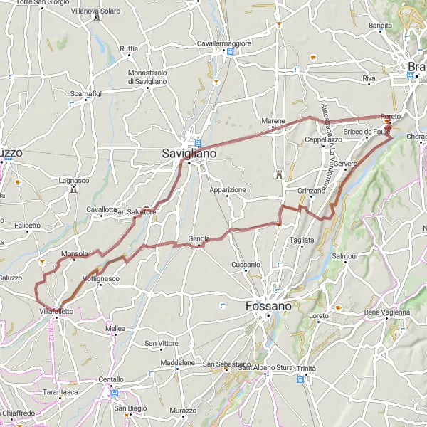 Mapa miniatúra "Gravel biking around Roreto" cyklistická inšpirácia v Piemonte, Italy. Vygenerované cyklistickým plánovačom trás Tarmacs.app