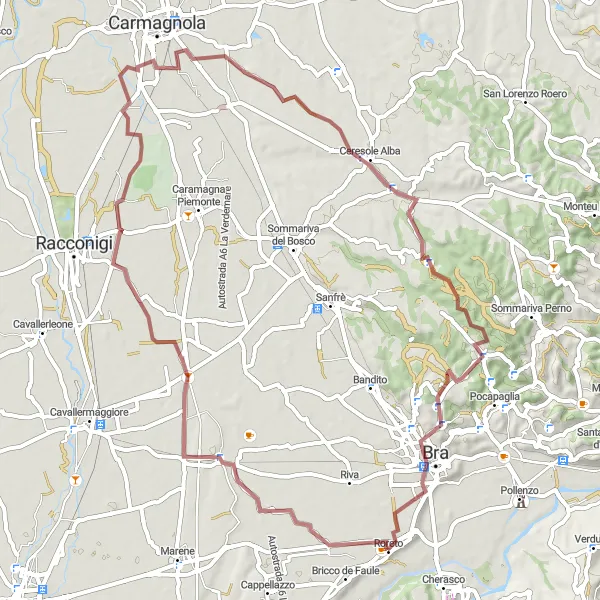 Kartminiatyr av "Roreto - Tagliata - Cavalleri-Fumeri - Bra - Roreto" cykelinspiration i Piemonte, Italy. Genererad av Tarmacs.app cykelruttplanerare
