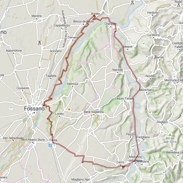 Miniature de la carte de l'inspiration cycliste "Route vers Carrù: Aventure sur les routes de gravier" dans la Piemonte, Italy. Générée par le planificateur d'itinéraire cycliste Tarmacs.app