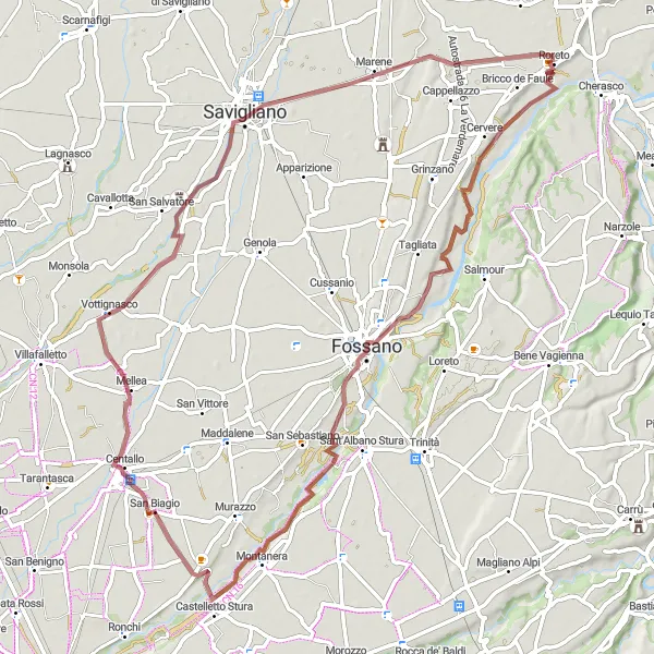 Map miniature of "Picturesque Gravel Tour to Fossano" cycling inspiration in Piemonte, Italy. Generated by Tarmacs.app cycling route planner