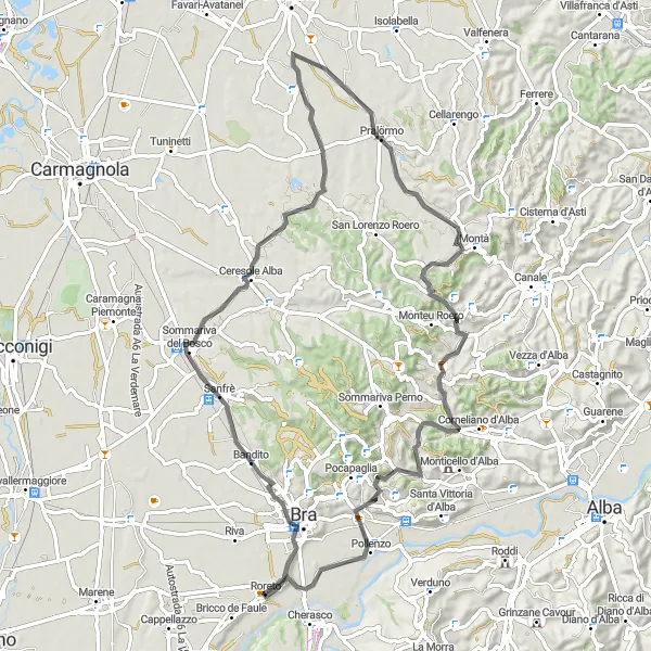 Miniaturní mapa "Výlet kolem Roreta s návštěvou Bandita, Castello dei Seyssel d'Aix, Stuerda a Santo Stefano Roero" inspirace pro cyklisty v oblasti Piemonte, Italy. Vytvořeno pomocí plánovače tras Tarmacs.app