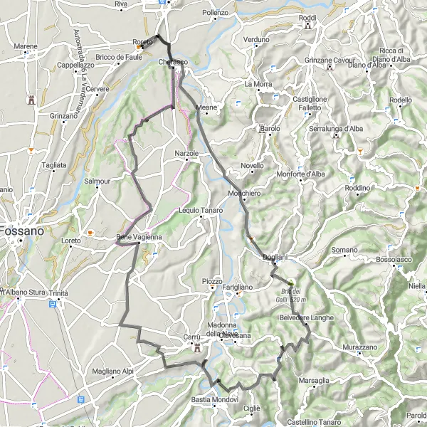 Miniaturní mapa "Cyklotrasa kolem Roreta" inspirace pro cyklisty v oblasti Piemonte, Italy. Vytvořeno pomocí plánovače tras Tarmacs.app