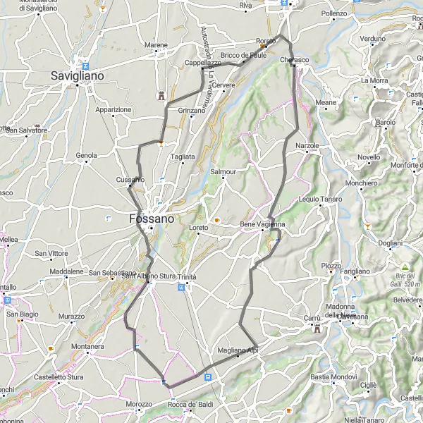 Miniaturní mapa "Okruh kolem Roreta přes Cherasco, Bene Vagienna, Magliano Alpi a Sant'Albano Stura" inspirace pro cyklisty v oblasti Piemonte, Italy. Vytvořeno pomocí plánovače tras Tarmacs.app