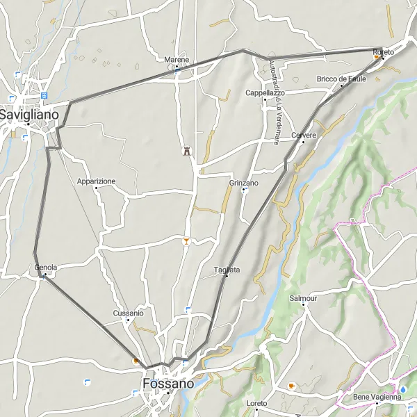 Mapa miniatúra "Jazda na ceste okolo Roreta" cyklistická inšpirácia v Piemonte, Italy. Vygenerované cyklistickým plánovačom trás Tarmacs.app