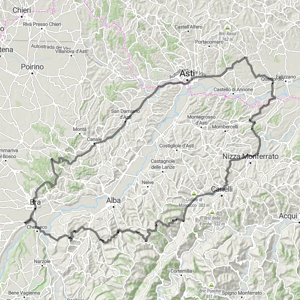 Miniatura della mappa di ispirazione al ciclismo "Gran Tour delle Langhe e del Roero" nella regione di Piemonte, Italy. Generata da Tarmacs.app, pianificatore di rotte ciclistiche