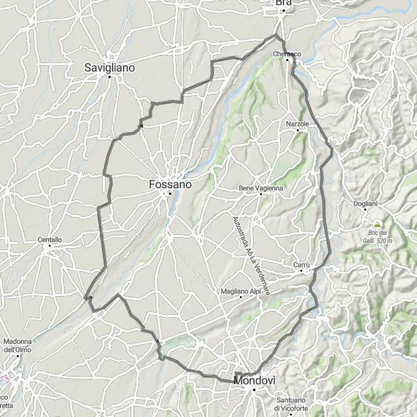 Kartminiatyr av "Opplevelsestur fra Meane til Bricco de Faule" sykkelinspirasjon i Piemonte, Italy. Generert av Tarmacs.app sykkelrutoplanlegger