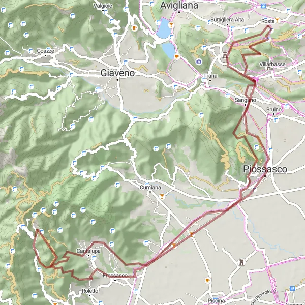 Map miniature of "Rosta - Cantalupa Gravel Loop" cycling inspiration in Piemonte, Italy. Generated by Tarmacs.app cycling route planner