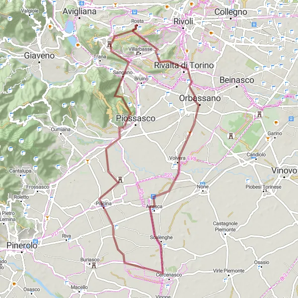 Zemljevid v pomanjšavi "Gorska avantura okoli Roste" kolesarske inspiracije v Piemonte, Italy. Generirano z načrtovalcem kolesarskih poti Tarmacs.app