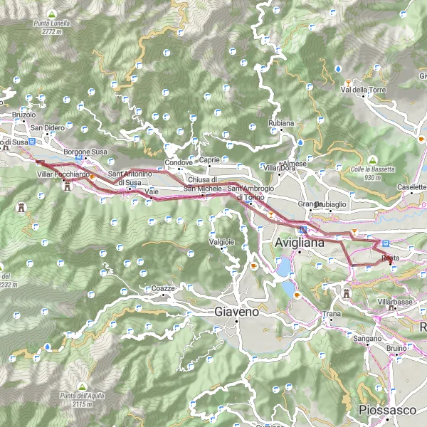 Miniaturní mapa "Gravel Rosta - Caprie - Sant'Ambrogio di Torino" inspirace pro cyklisty v oblasti Piemonte, Italy. Vytvořeno pomocí plánovače tras Tarmacs.app
