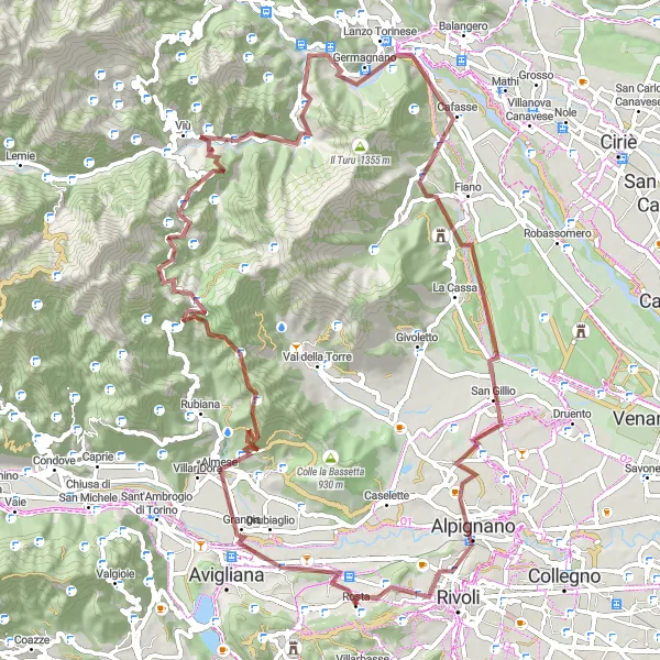 Miniatuurkaart van de fietsinspiratie "Gravelroute via Almese en Viù" in Piemonte, Italy. Gemaakt door de Tarmacs.app fietsrouteplanner