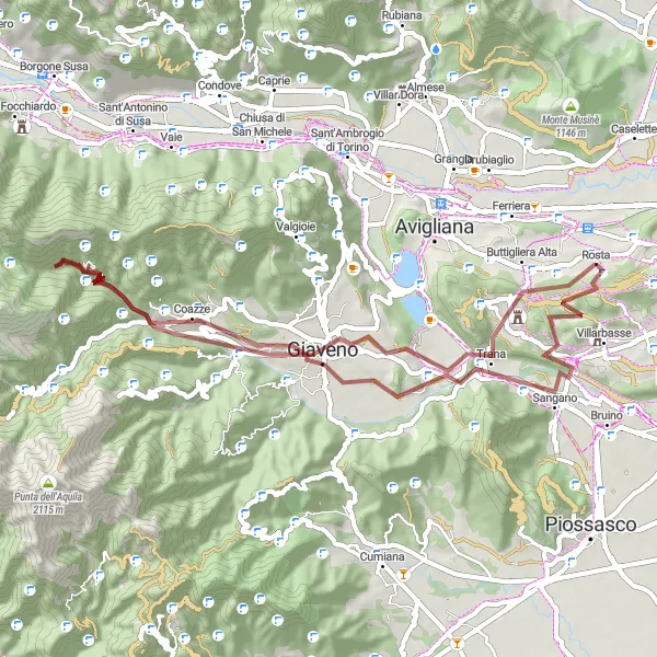 Miniatua del mapa de inspiración ciclista "Ruta de Grava a Giaveno" en Piemonte, Italy. Generado por Tarmacs.app planificador de rutas ciclistas