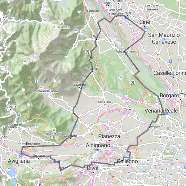 Miniatuurkaart van de fietsinspiratie "Wegroute via Caselette en Collegno" in Piemonte, Italy. Gemaakt door de Tarmacs.app fietsrouteplanner