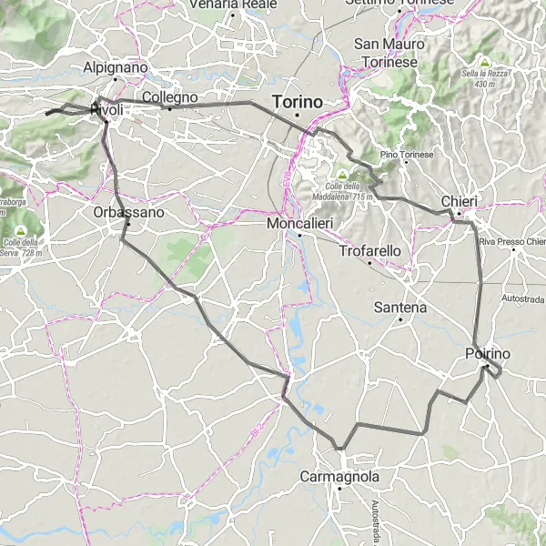 Miniature de la carte de l'inspiration cycliste "Itinéraire Route à travers Piémont" dans la Piemonte, Italy. Générée par le planificateur d'itinéraire cycliste Tarmacs.app