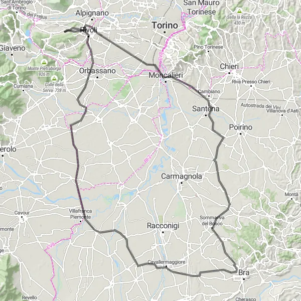 Miniatuurkaart van de fietsinspiratie "Wegroute via Moncalieri en Rivoli" in Piemonte, Italy. Gemaakt door de Tarmacs.app fietsrouteplanner