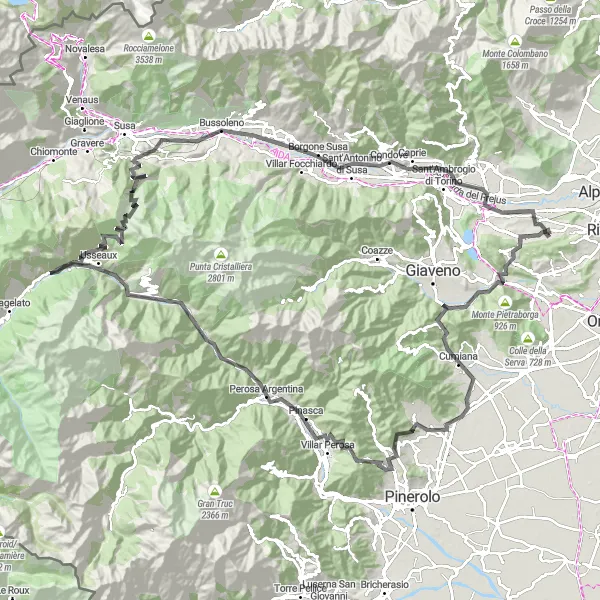 Zemljevid v pomanjšavi "Razgibana cestna tura" kolesarske inspiracije v Piemonte, Italy. Generirano z načrtovalcem kolesarskih poti Tarmacs.app