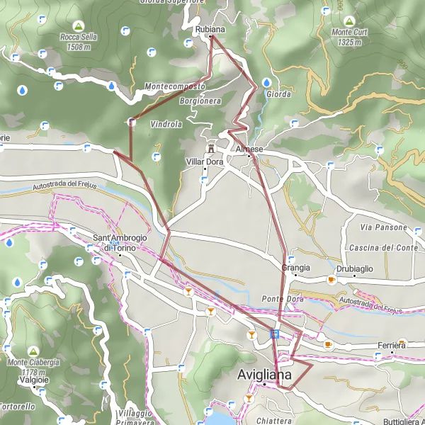 Map miniature of "Avigliana Gravel Loop" cycling inspiration in Piemonte, Italy. Generated by Tarmacs.app cycling route planner