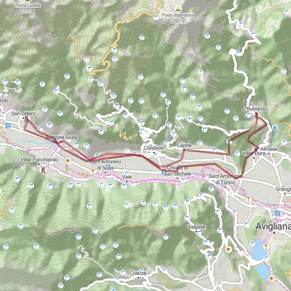 Miniatura della mappa di ispirazione al ciclismo "Giro in Gravel intorno a Rubiana" nella regione di Piemonte, Italy. Generata da Tarmacs.app, pianificatore di rotte ciclistiche