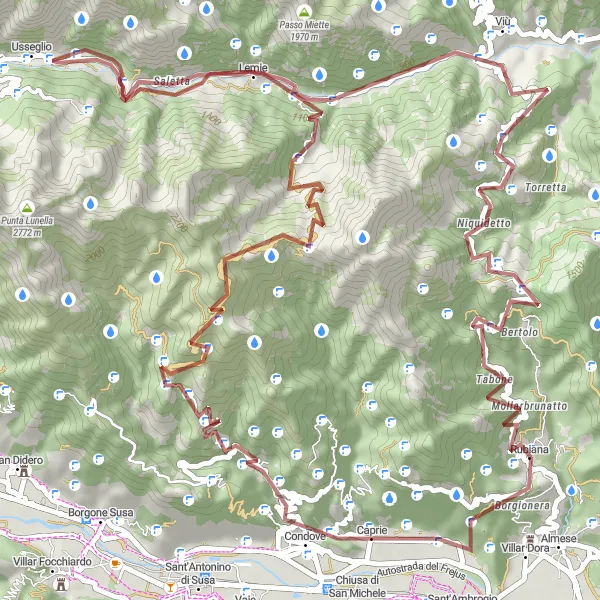 Kartminiatyr av "Utforsk spennende terreng på sykkel nær Rubiana" sykkelinspirasjon i Piemonte, Italy. Generert av Tarmacs.app sykkelrutoplanlegger