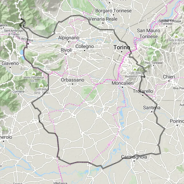 Miniatura della mappa di ispirazione al ciclismo "Giro in bicicletta attraverso le colline del Piemonte" nella regione di Piemonte, Italy. Generata da Tarmacs.app, pianificatore di rotte ciclistiche
