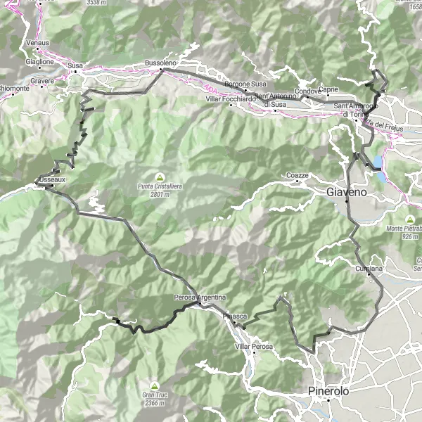 Zemljevid v pomanjšavi "Pustolovska kolesarska pot v bližini Rubiane" kolesarske inspiracije v Piemonte, Italy. Generirano z načrtovalcem kolesarskih poti Tarmacs.app