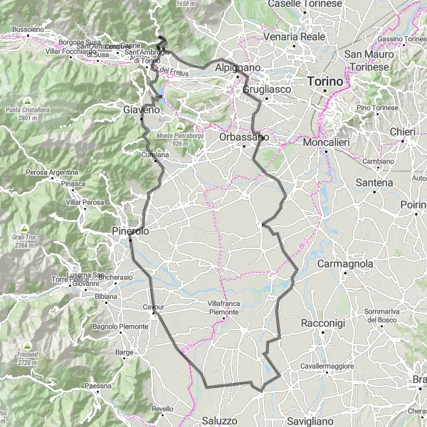 Miniatura mapy "Podniebna trasa wokół Pinerolo" - trasy rowerowej w Piemonte, Italy. Wygenerowane przez planer tras rowerowych Tarmacs.app