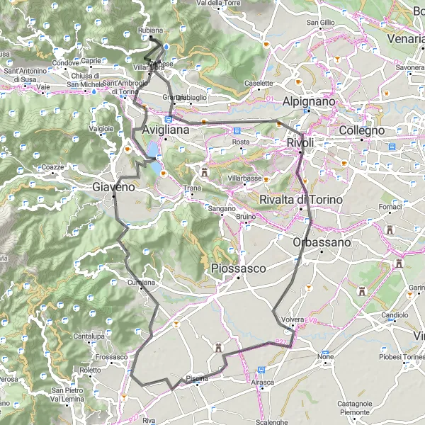 Zemljevid v pomanjšavi "Pot od Rubiane do Sant'Ambrogia di Torino" kolesarske inspiracije v Piemonte, Italy. Generirano z načrtovalcem kolesarskih poti Tarmacs.app