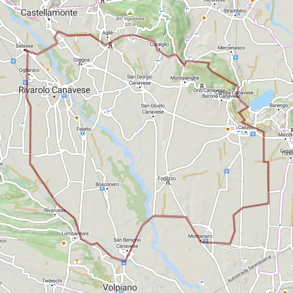 Miniature de la carte de l'inspiration cycliste "Tour en gravier à travers les collines du Piémont" dans la Piemonte, Italy. Générée par le planificateur d'itinéraire cycliste Tarmacs.app