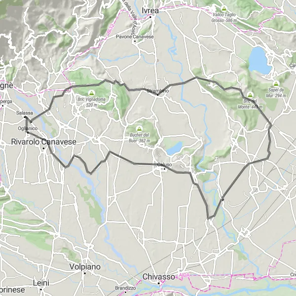 Kartminiatyr av "Sykkeltur til Torre Canavese og Monte Riolo" sykkelinspirasjon i Piemonte, Italy. Generert av Tarmacs.app sykkelrutoplanlegger