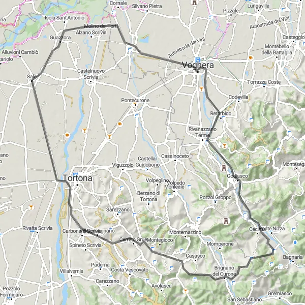 Miniatua del mapa de inspiración ciclista "Ruta por Isola Sant'Antonio y Monte Caminario" en Piemonte, Italy. Generado por Tarmacs.app planificador de rutas ciclistas