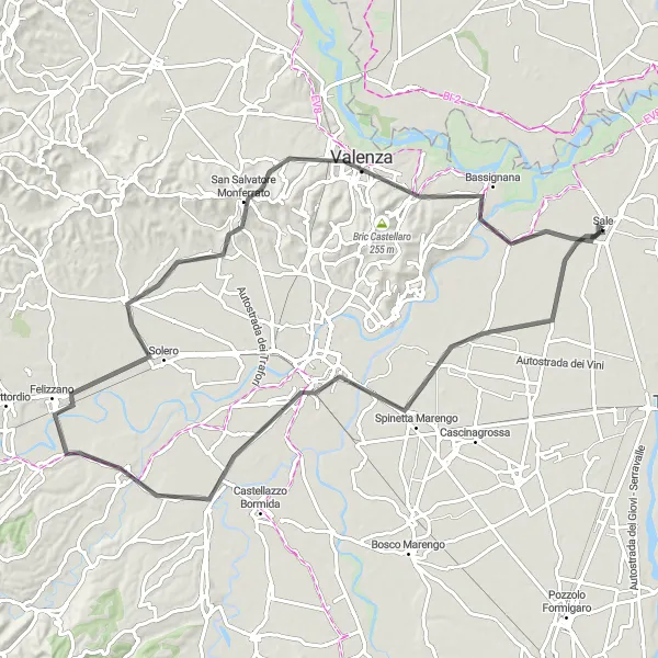Mapa miniatúra "Road okolo Sale" cyklistická inšpirácia v Piemonte, Italy. Vygenerované cyklistickým plánovačom trás Tarmacs.app