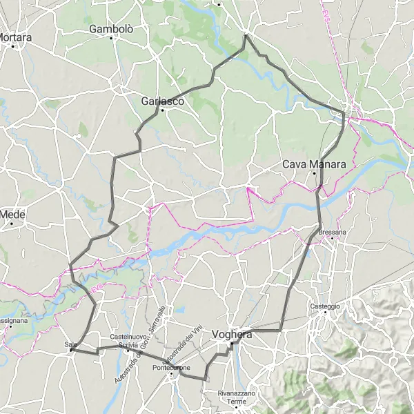 Map miniature of "Voghera Ride" cycling inspiration in Piemonte, Italy. Generated by Tarmacs.app cycling route planner