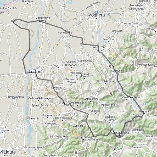 Miniatura della mappa di ispirazione al ciclismo "Esplorazione delle montagne intorno a Sale" nella regione di Piemonte, Italy. Generata da Tarmacs.app, pianificatore di rotte ciclistiche