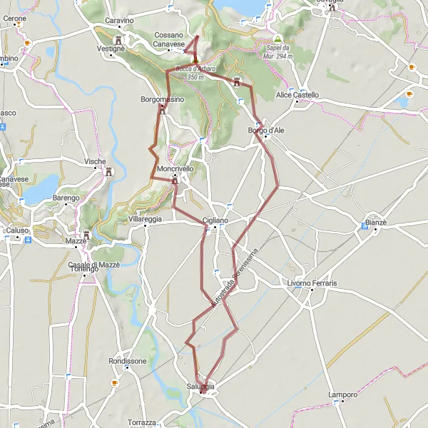 Miniatua del mapa de inspiración ciclista "Ruta de Ciclismo en Grava a través de Moncrivello y Borgo d'Ale" en Piemonte, Italy. Generado por Tarmacs.app planificador de rutas ciclistas