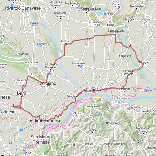 Miniatuurkaart van de fietsinspiratie "Gravelparcours naar Verolengo en Leini" in Piemonte, Italy. Gemaakt door de Tarmacs.app fietsrouteplanner