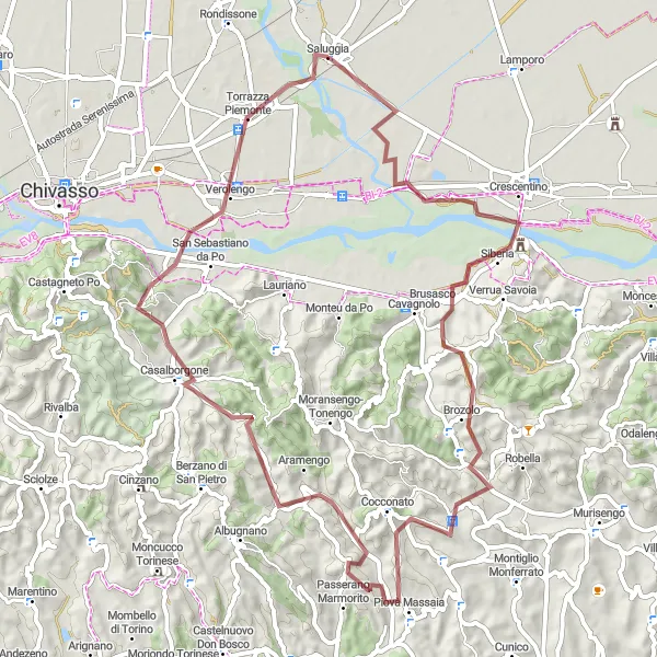 Karttaminiaatyyri "Kerroksellinen polku Saluggian lähistöllä" pyöräilyinspiraatiosta alueella Piemonte, Italy. Luotu Tarmacs.app pyöräilyreittisuunnittelijalla