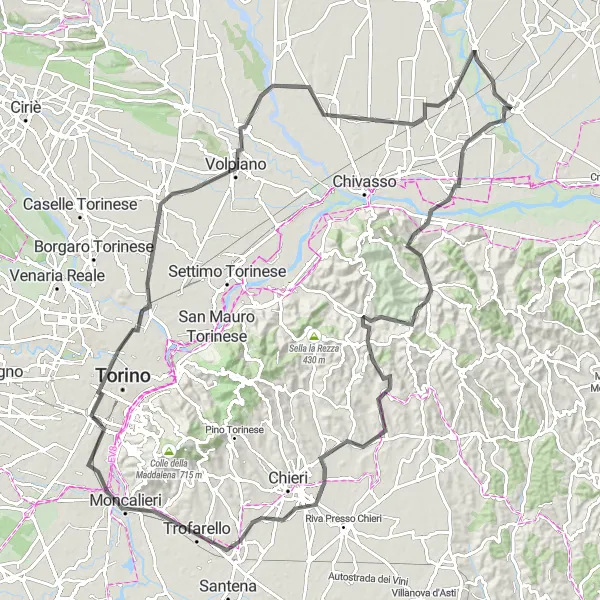 Miniatua del mapa de inspiración ciclista "Recorrido en Bicicleta de Carretera a través de Casalborgone y Montanaro" en Piemonte, Italy. Generado por Tarmacs.app planificador de rutas ciclistas