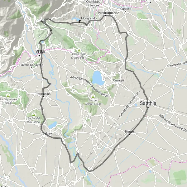 Miniaturní mapa "Challenging Road Cycling Route to Tronzano Vercellese via Sandigliano" inspirace pro cyklisty v oblasti Piemonte, Italy. Vytvořeno pomocí plánovače tras Tarmacs.app